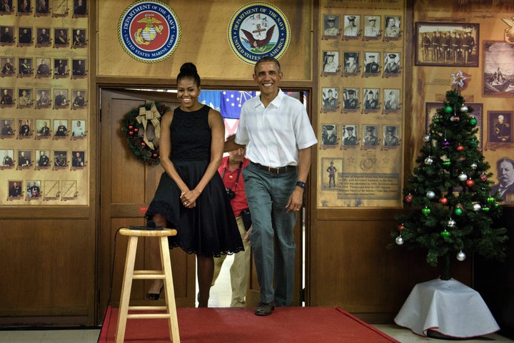 President Obama arrives with first lady Michelle Obama to address members of the US Marines, their loved ones and others to celebrate the holidays during Christmas Day at Marine Corps Base Hawaii, December 25, 2015.