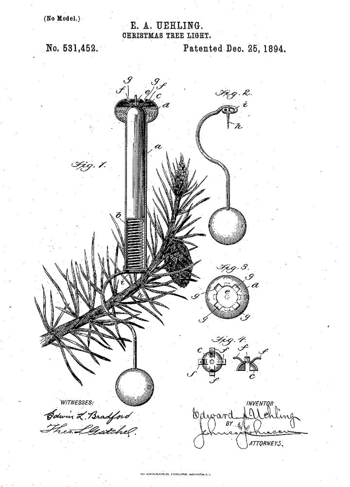 This curious design encases the candle in a metal cylinder. A spring forces the candle upward as burns down to keep the wick is exposed. A spike anchors the holder on the branch and a Kugel (ball) weight stabilizes the candle. The patent was awarded to Edward Uehling in 1894. 