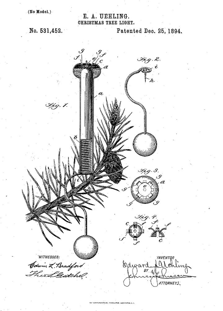 <p>This curious design encases the candle in a metal cylinder. A spring forces the candle upward as burns down to keep the wick is exposed. A spike anchors the holder on the branch and a <em>Kugel</em> (ball) weight stabilizes the candle. The patent was awarded to Edward Uehling in 1894. </p>