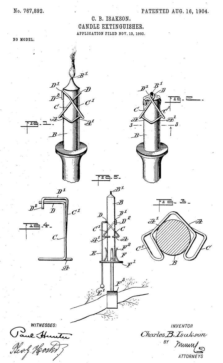 An 1884 patent for a Christmas tree candle holder with a built-in extinguisher.