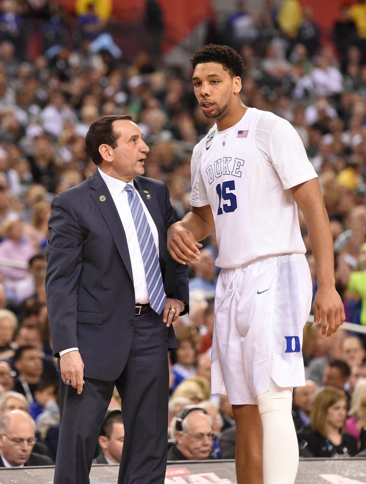 Coach K talks to consensus First-Team All-American and future No. 3 overall NBA Draft pick Jahlil Okafor during the 2015 Final Four.