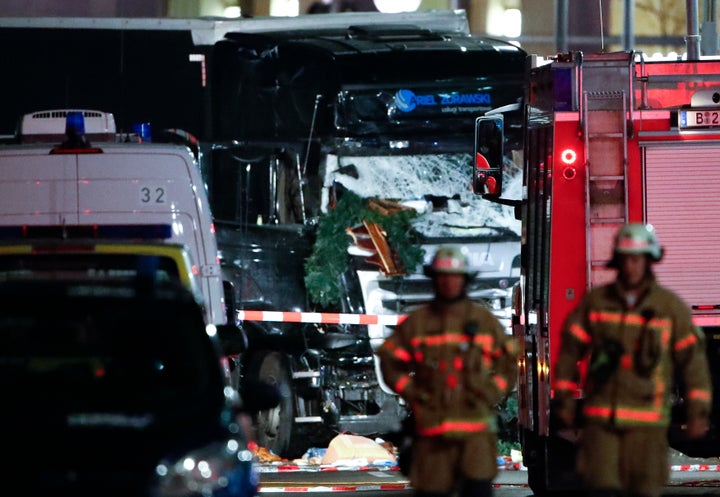 Parts of a Christmas market decoration stick in the windscreen of a truck following an accident with the truck on Breitscheidplatz square near the fashionable Kurfuerstendamm avenue in the west of Berlin, Germany.