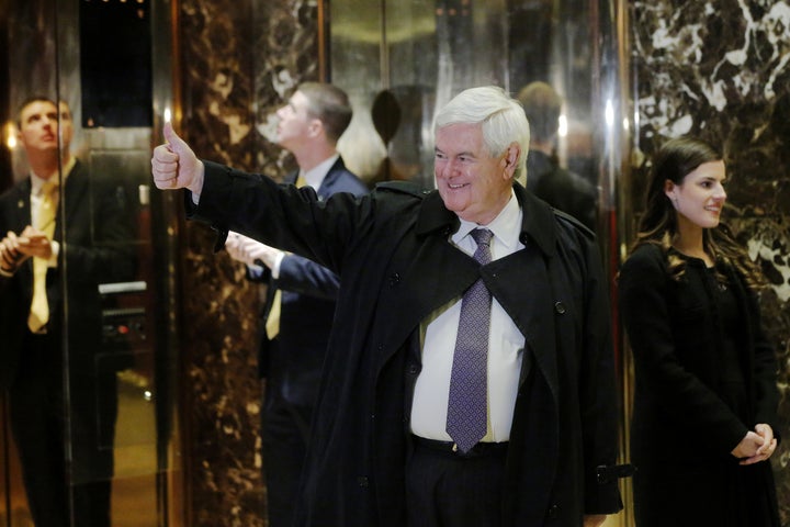 Newt Gingrich gestures as he arrives for a meeting with President-elect Donald Trump at Trump Tower in New York City on