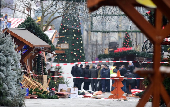 A view of the Christmas market near the Kaiser-Wilhelm-Gedaechtniskirche (Kaiser Wilhelm Memorial Church), the day after a terror attack, in central Berlin, on Tuesday.