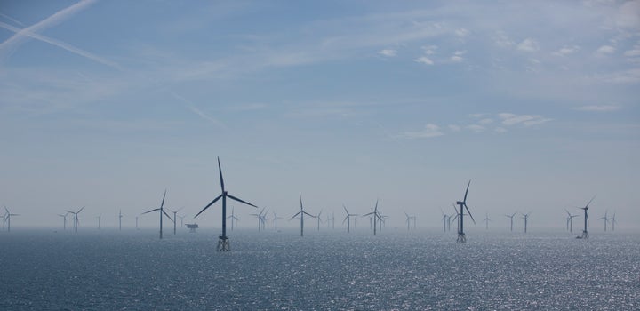 Wind turbines are pictured in RWE Offshore-Windpark Nordsee Ost in the North Sea, off the coast of Helgoland, Germany.