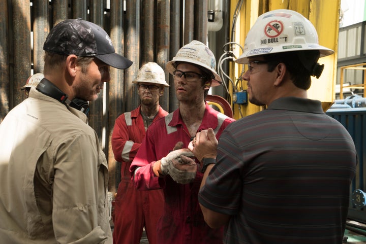 Director Peter Berg and actors Dylan O’Brien and Mark Wahlberg on the set of <em>Deepwater Horizon</em>