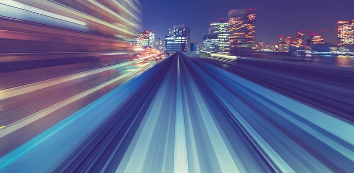 Abstract high speed technology POV motion blurred concept image from the Yuikamome monorail in Tokyo Japan Image ID:370236977