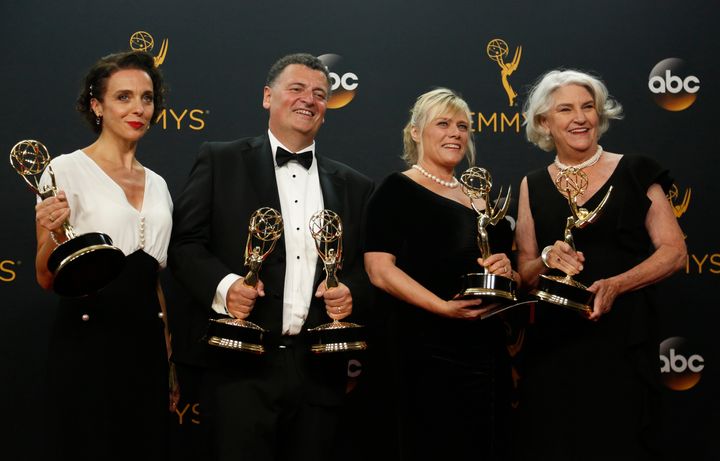 Amanda Abbington, producers Steven Moffat, Sue Verue and Beryl Vertue pose with their award for Outstanding Television Movie for "Sherlock: The Abominable Bride" at the Emmy Awards in Los Angeles on Sept. 18, 2016.