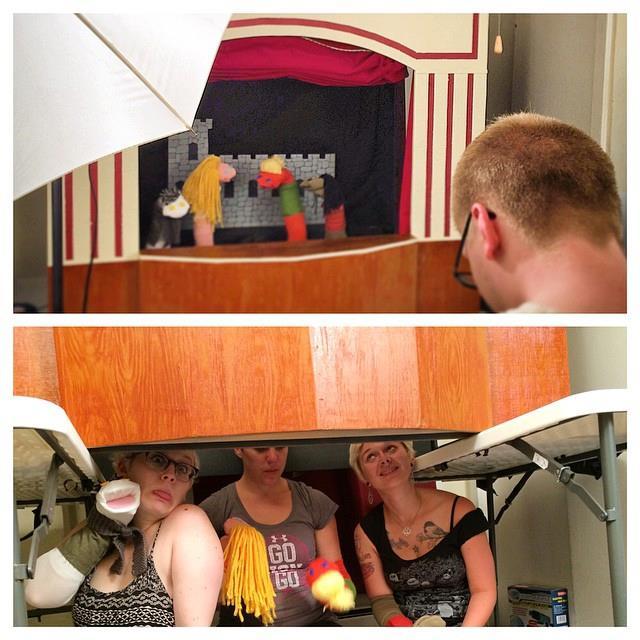 Puppeteers taking a much needed break. (top) Jonathan Eaton, (bottom left to right) Kelly Fuller, Bekah Eaton, Annamarie Dam