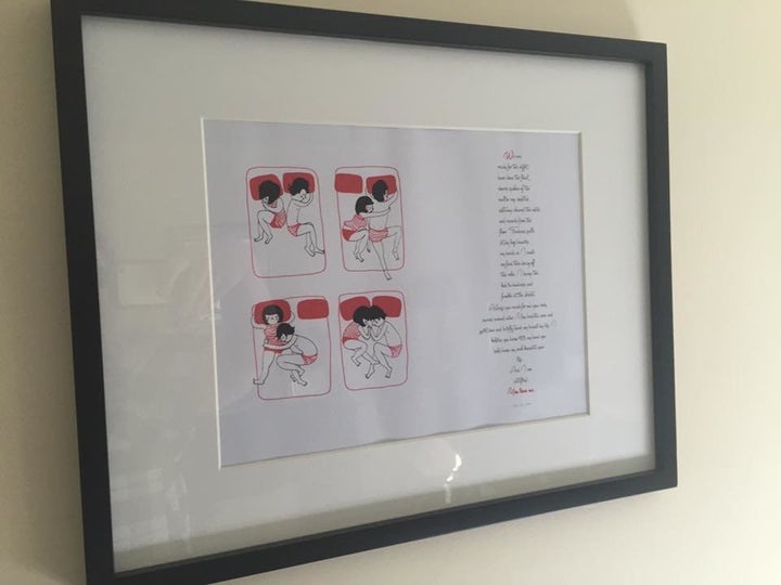 For her birthday, Brianne's fiancé framed a poem and romantic illustration for her. 