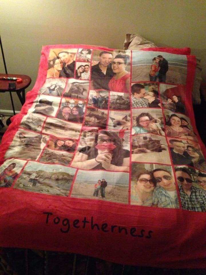 Ashleigh's husband made her a blanket with photos of them and their precious pets.