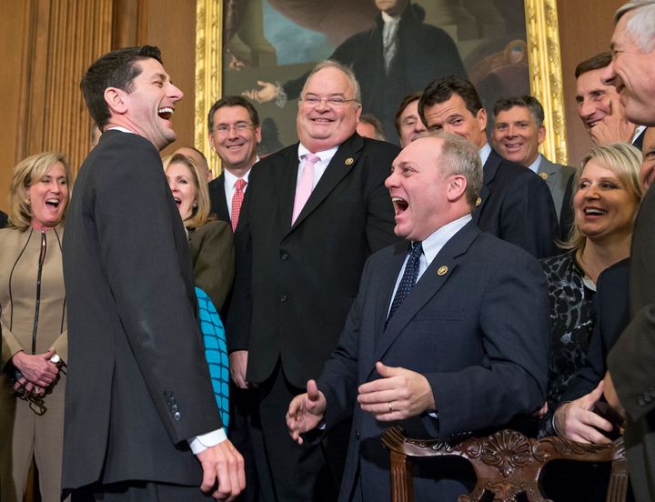 House Republican leaders laugh together after Speaker Paul Ryan signs off on sending an Obamacare repeal bill to the president, who might also laugh as he vetoes it.