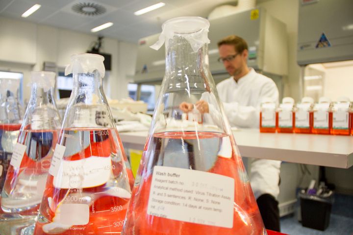 Flasks containing buffer solutions sit ahead of use in a laboratory which detects evidence of contamination on employees clothing at the Bavarian Nordic A/S biotechnology company, where the research into infectious diseases, including the ebola vaccine, takes place in Kvistgaard, Denmark, on Friday, Oct. 31, 2014.