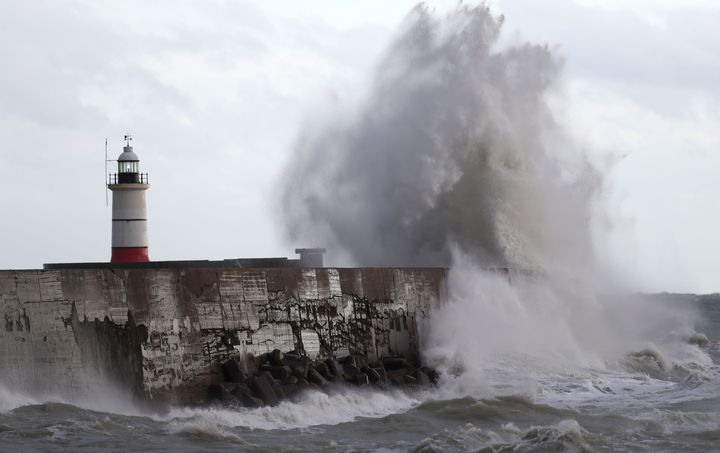 Barbara is set to top Storm Angus in November (waves pictured crashing into the wall at Newhaven in East Sussex)