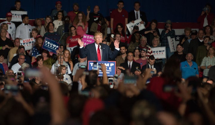 <p>Republican presidential nominee <a href="https://www.huffpost.com/news/topic/donald-trump">Donald Trump</a> speaks at a campaign rally on October 27, 2016 at the Spire Institute in Geneva, Ohio.</p>