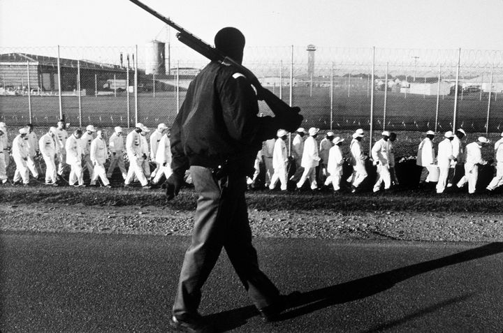 Prisoners on a chain gang are taken out for work detail by an armed guard near Harvest, Alabama in this historic file photo