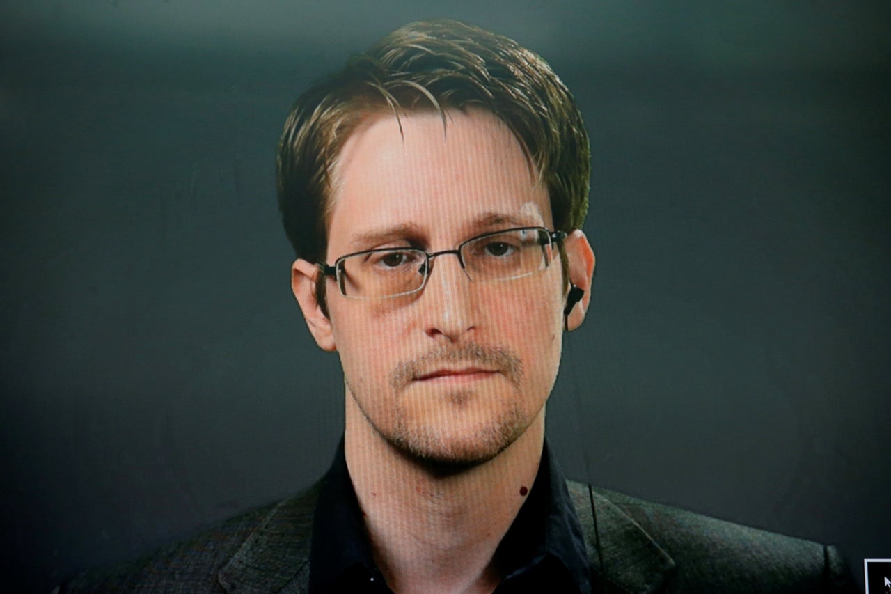 Edward Snowden speaks via video link during a news conference in New York City