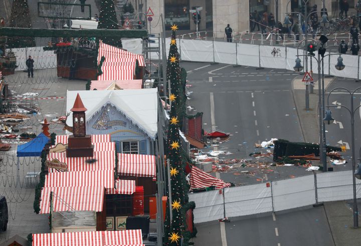 <strong>A general view shows the scene where a truck ploughed into a crowded Christmas market</strong>