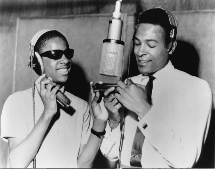 Stevie Wonder and Marvin Gaye are shown at the Motown Records studio in Detroit in 1965.