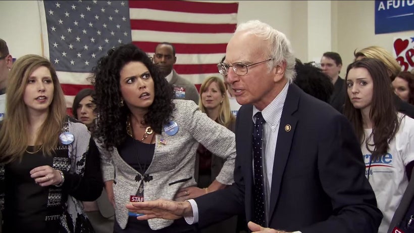 Vanessa Bayer, Cecily Strong, and Larry David on <em>Saturday Night Live</em>.