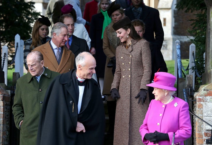 Queen Elizabeth II leaves church with Prince William, Duke of Cambridge, Catherine, Duchess of Cambridge, Prince Philip, Duke of Edinburgh, Prince Charles, Prince of Wales and Prince Harry during the Christmas Day church service at Sandringham on 25 December, 2014 in King's Lynn