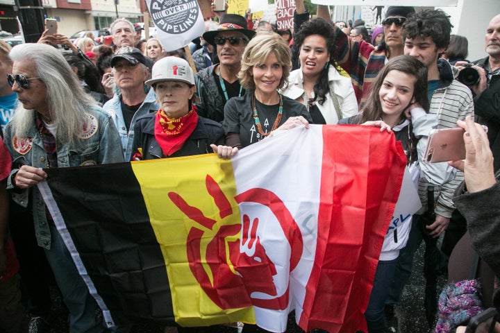 Jane Fonda, Grey Wolf, Lily Tomlin, Frances Fisher and Catherine Keener at the rally against Wells Fargo and Chase Bank in solidarity with the people of Standing Rock at the #BankExit Rally.