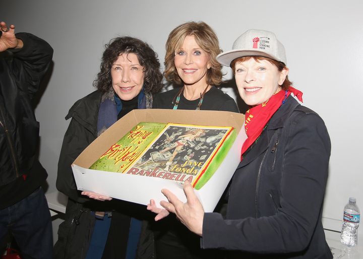 Lily Tomlin, Jane Fonda and Frances Fisher attend #BankExit Rally.