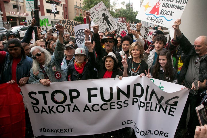 Grey Wolf, Frances Fisher and Jane Fonda at the rally against Wells Fargo and Chase Bank in solidarity with the people of Standing Rock at the #BankExit Rally.