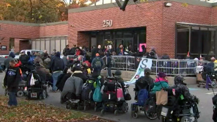 <p>Protesters in front of the Judge Rotenberg Center.</p>