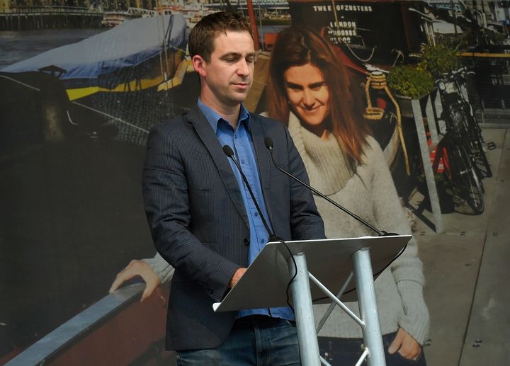 <strong>Brendan Cox delivering a speech at a special service for his wife Jo at Trafalgar Square in June</strong>