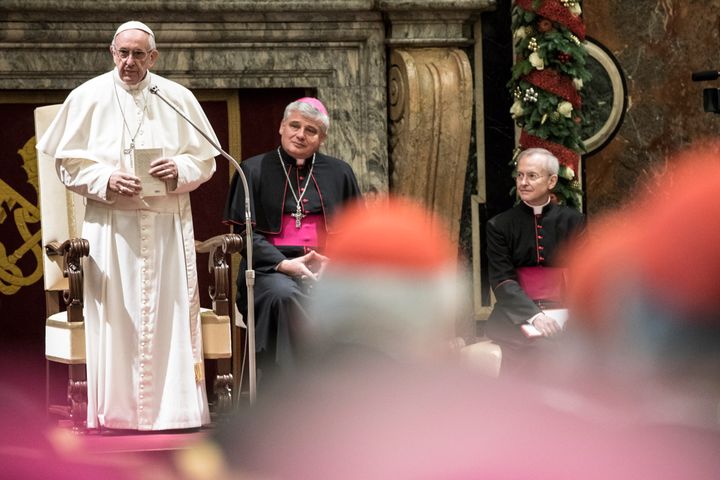 Pope Francis holds his speech as he exchanges Christmas greetings with the Roman curia at the Clementina Hall on December 22, 2016 in Vatican City, Vatican.