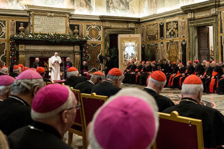 Pope Francis holds his speech as he exchanges Christmas greetings with the Roman curia at the Clementina Hall on December 22, 2016 in Vatican City, Vatican. Pope Francis invited the Roman Curia to embrace the process of reform, telling them Christmas is 'the feast of the loving humility of God, of the God who upsets our logical expectations, the established order'.