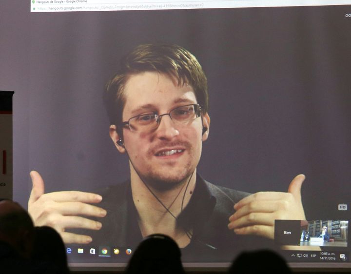 Edward Snowden speaks via video link during a conference at the University of Buenos Aires Law School, Argentina, in mid-November.