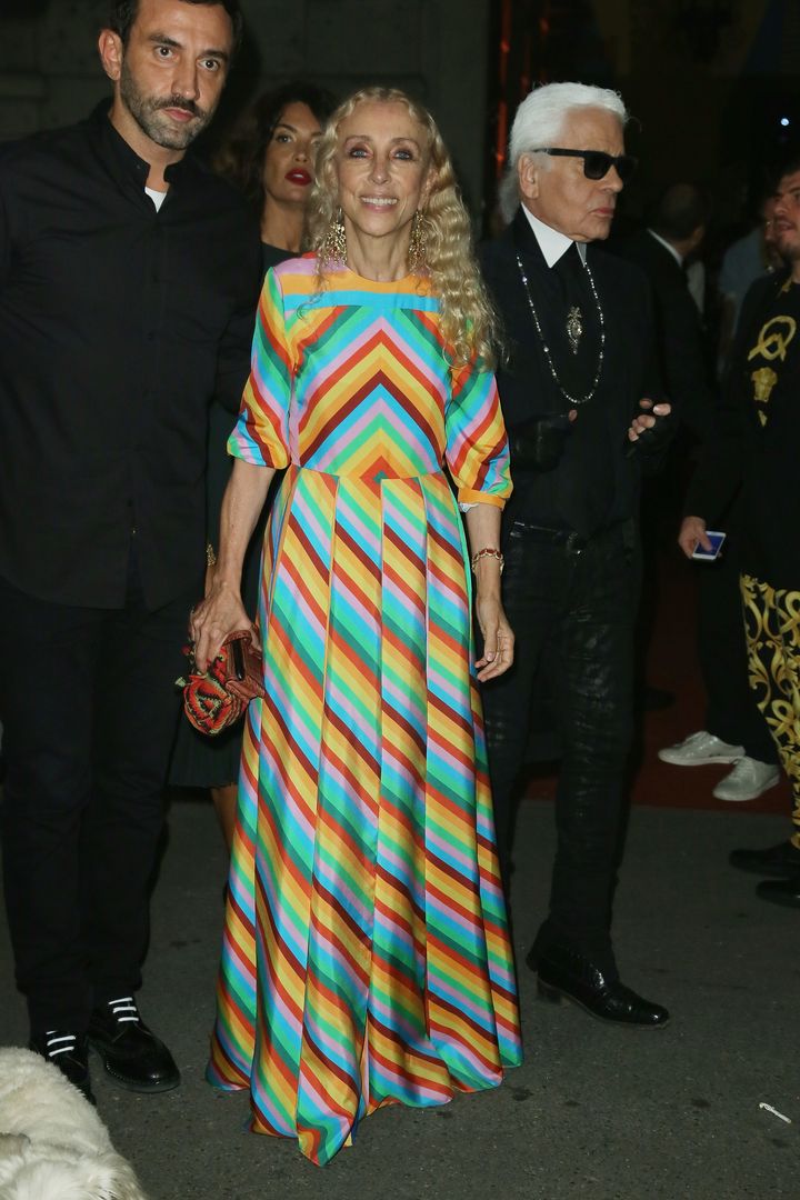 Franca Sozzani and Karl Lagerfeld arrived at the 'Vogue Italia 50th Anniversary' at Piazza Castello on September 21, 2014 in Milan, Italy. 