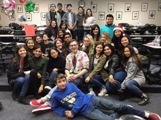 Taylor Kerby shoes off his new kicks with his entire class.