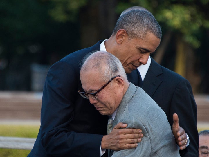 U.S. President Barack Obama hugs a survivor of the 1945 atomic bombing of Hiroshima, during a visit to the Hiroshima Peace Memorial Park on May 27.