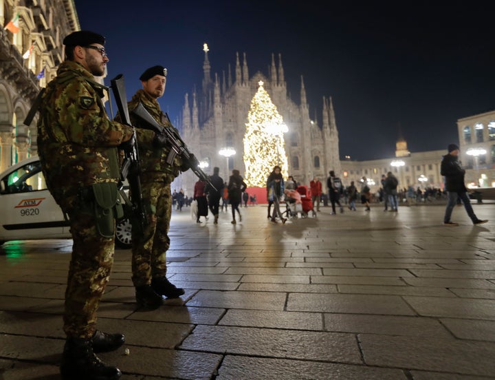 <strong>Italian soldiers patrol next to Milan's gothic cathedral, Italy, Thursday, Dec. 22.</strong>