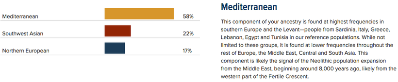 “Regional ancestry” results showing majority-Mediterranean ethnic mix as part of National Geographic’s Genographic Project.