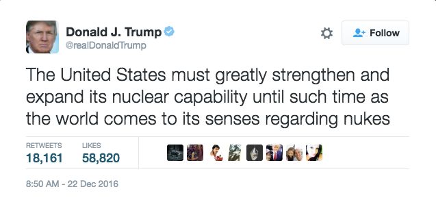 Donald Trump tweets that we “must greatly strengthen and expand” our nuclear arsenal. http://bit.ly/2hMdYWV