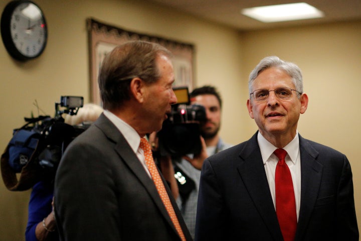 Merrick Garland, right, is seen with Sen. Tom Udall (D-N.M.) in Washington, D.C., May 18, 2016. Udall supports Garland's nomination to the Supreme Court.