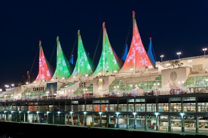 <p>The Sails of Light at Canada Place are lit up for the holidays.</p>