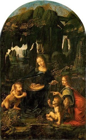 Uriel, right, in the Virgin of the Rocks (Louvre version)