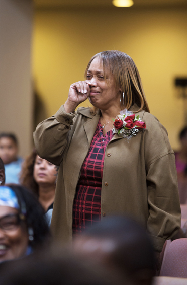 Gwen Woods at Mario Woods Day celebration at Cornerstone Baptist Church, July 22, 2016.