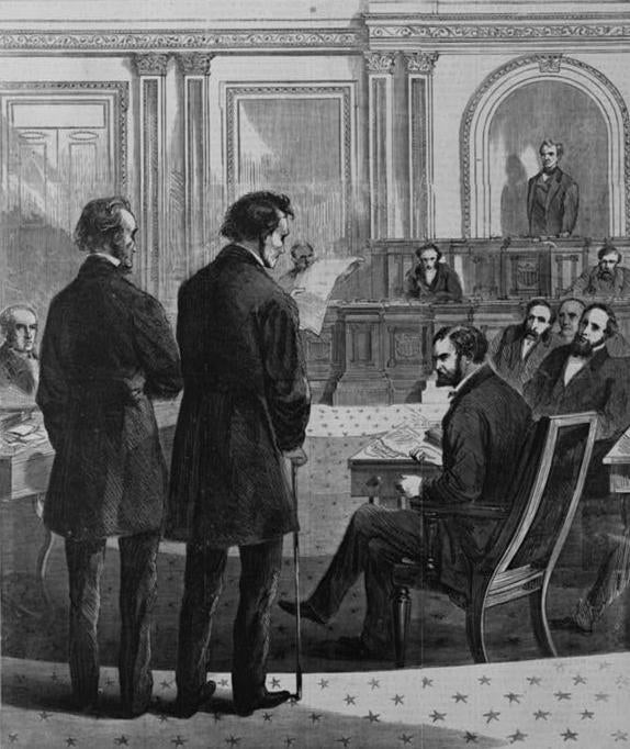 Pictured in this sketch from 1868, entitled “Impeachment” by Theodore R. Davis, are congressmen Thaddeus Stevens and John A. Bingham, standing before the Senate in the impeachment proceedings of Andrew Johnson. 