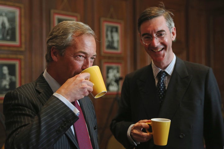 Nigel Farage and Jacob Rees-Mogg MP speak ahead of the Bruges Group press conference on May 17, 2016.