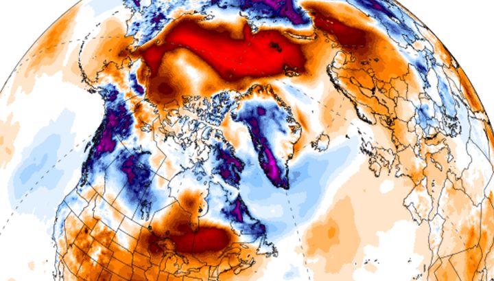 The red colour on top of the Arctic region represents a 20 degrees Celsius temperature anomaly on 24 December 2016