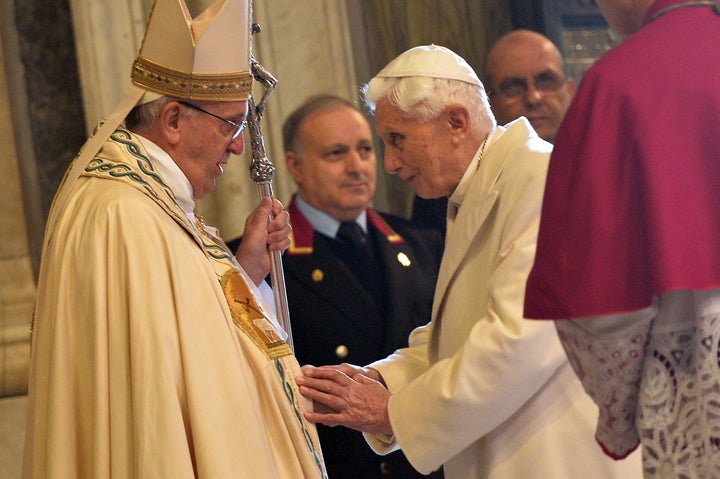 Pope Benedict XVI, Stern Defender Of Conservative Catholic Identification, Useless At 95 6 Pope Emeritus Benedict XVI (right) — pictured here with Pope Francis at the Vatican in December 2015 — was the first pontiff to resign since Gregory XII in 1415.