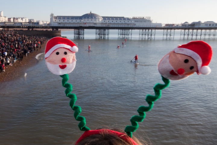 Birds eye view of the traditional Christmas Day swim at Brighton Beach