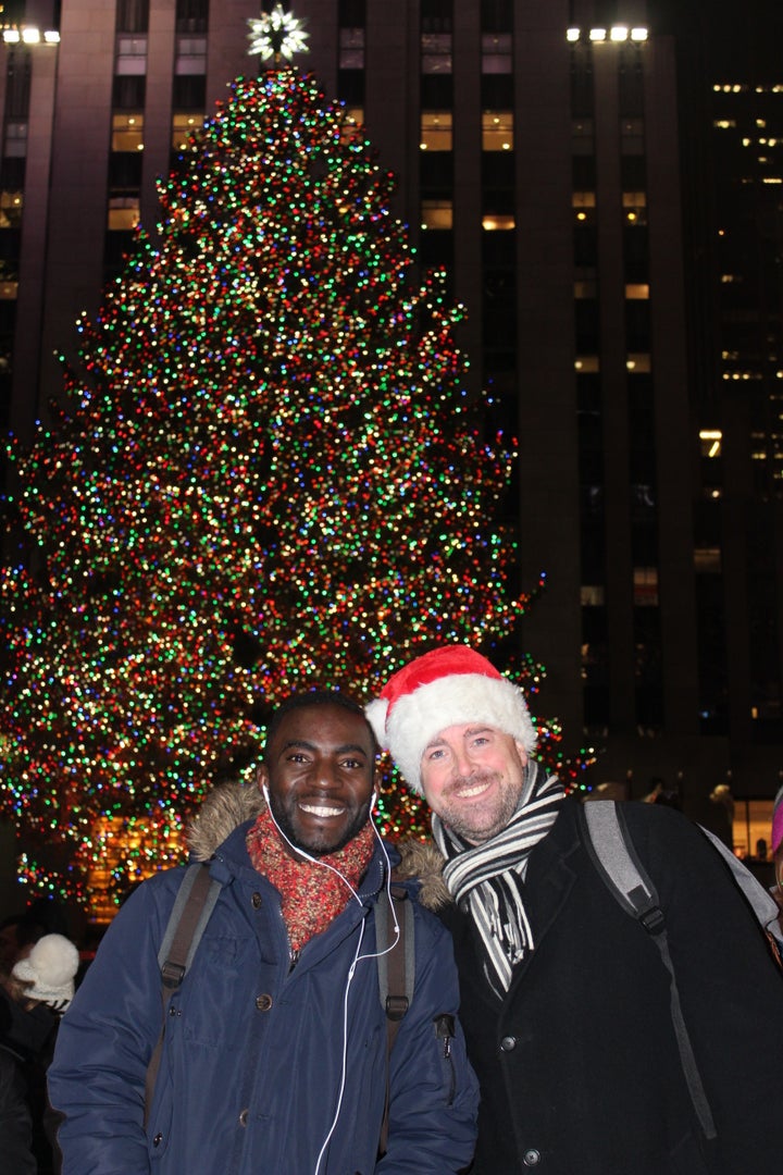 Eric and David stop to enjoy the Rockefeller Christmas Tree (from Oneonta, New York home of Hartwick College in 2016). 