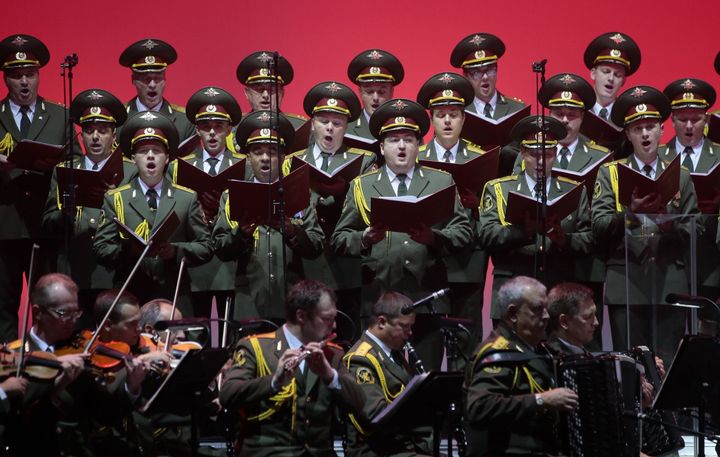 The official army choir of the Russian armed forces, also called Alexandrov Ensemble, performing at the Palais des Sports in Paris, last year 